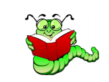 Green bookworm illustration of green work with glasses reading a red book